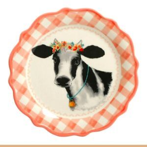 SOLD Woman gingham novelty dessert plate. Cow  Brand new